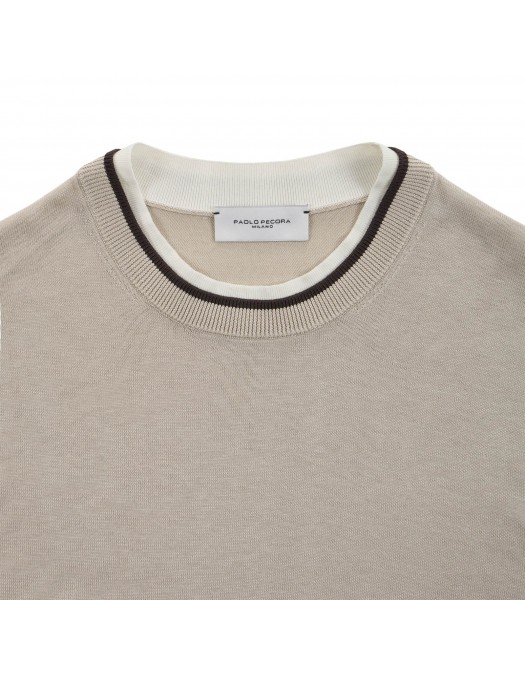 Tricou PAOLO PECORA, Beige Cotton Silk Crew Neck - C1MA045F2001420