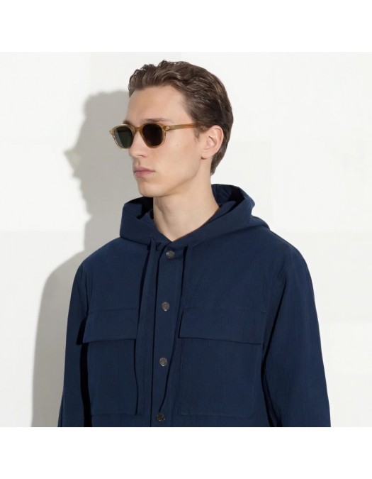 Hanorac PAOLO PECORA, Blue Cotton Seersucker Long-Sleeve Hoodie - C1MG06101896685