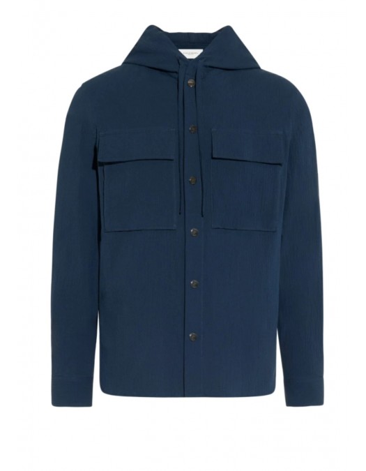 Hanorac PAOLO PECORA, Blue Cotton Seersucker Long-Sleeve Hoodie - C1MG06101896685