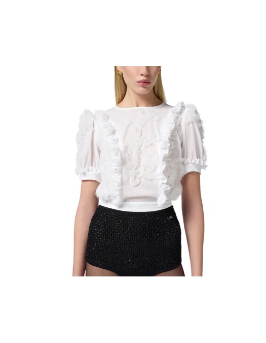 CAMASA ELISABETTA FRANCHI, Embroidered Ruffles, White - CA11552E2360 CAMASA ELISABETTA FRANCHI, Embroidered Ruffles, White - CA11552E2360
