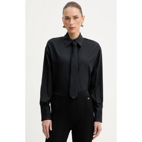 Camasa ELISABETTA FRANCHI, Cotton shirt with tie, Regular fit, Negru