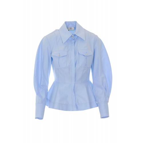 Camasa ELISABETTA FRANCHI, Cotton poplin shirt with flounce, Albastru