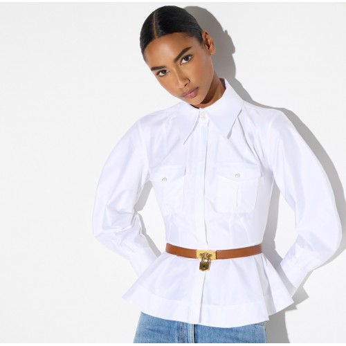 Camasa ELISABETTA FRANCHI, Cotton poplin shirt with flounce, Alb