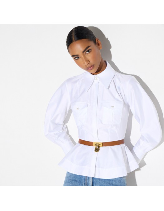 Camasa ELISABETTA FRANCHI, Cotton poplin shirt with flounce, Alb - CA16967E2100