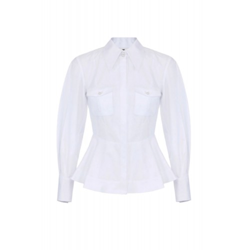 Camasa ELISABETTA FRANCHI, Cotton poplin shirt with flounce, Alb