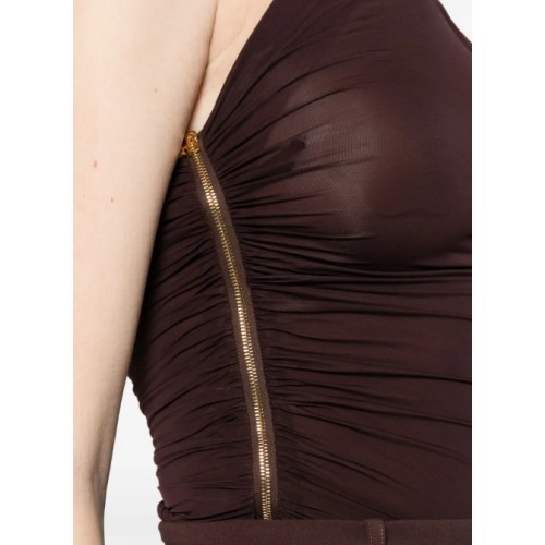 Top ELISABETTA FRANCHI, one-shoulder zip top,Brown