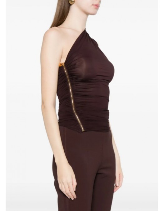 Top ELISABETTA FRANCHI, one-shoulder zip top,Brown - CN00962E2644