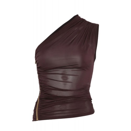 Top ELISABETTA FRANCHI, one-shoulder zip top,Brown