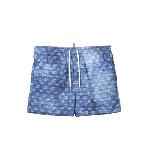 Short DSQUARED2, Blue Monogram Print Denim-Effect Swim Shorts