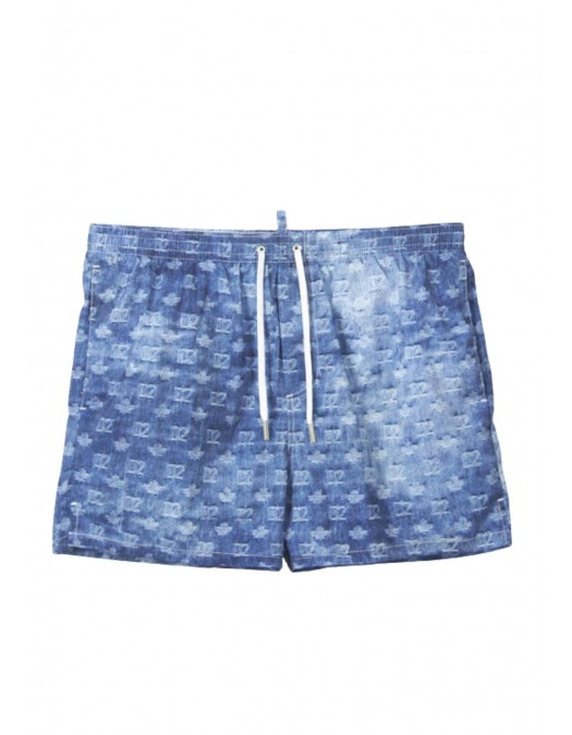 Short DSQUARED2, Blue Monogram Print Denim-Effect Swim Shorts - D7B626810454