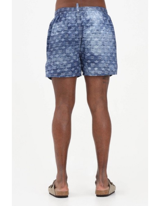 Short DSQUARED2, Blue Monogram Print Denim-Effect Swim Shorts - D7B626810454