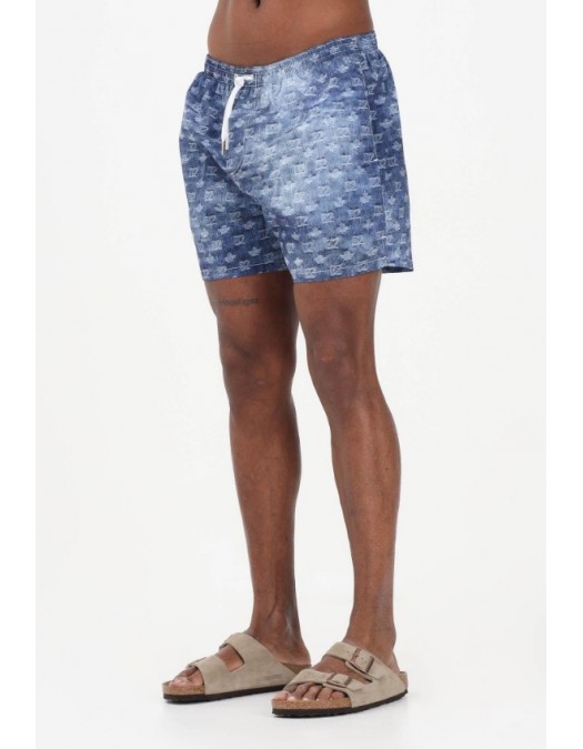 Short DSQUARED2, Blue Monogram Print Denim-Effect Swim Shorts - D7B626810454
