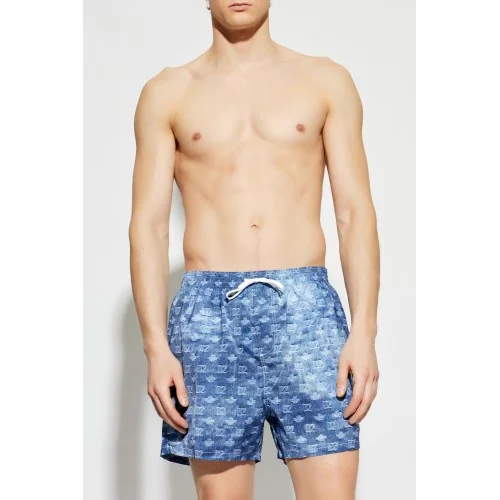 Short DSQUARED2, Blue Monogram Print Denim-Effect Swim Shorts