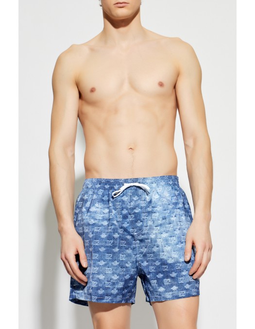 Short DSQUARED2, Blue Monogram Print Denim-Effect Swim Shorts - D7B626810454