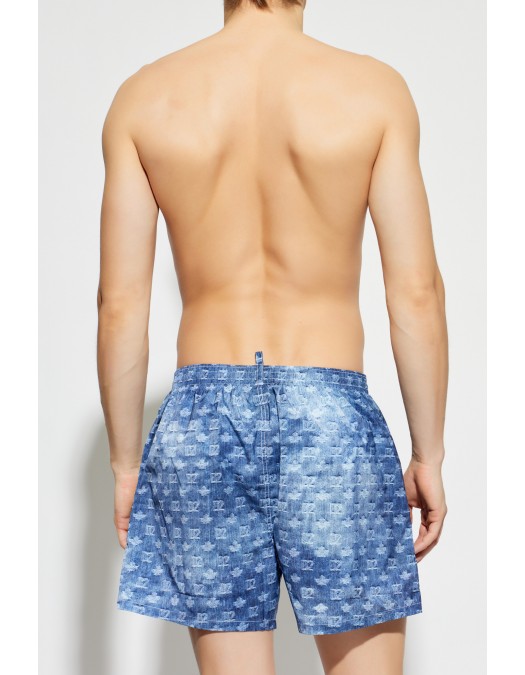 Short DSQUARED2, Blue Monogram Print Denim-Effect Swim Shorts - D7B626810454