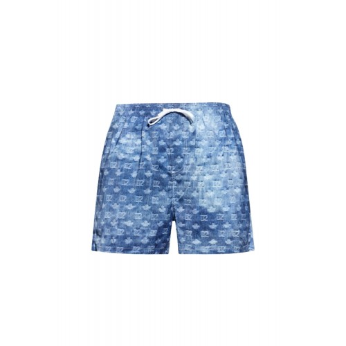 Short DSQUARED2, Blue Monogram Print Denim-Effect Swim Shorts