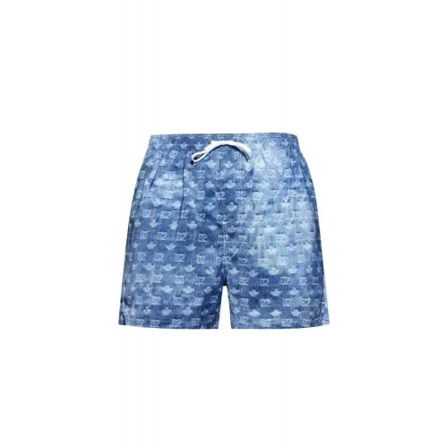 Short DSQUARED2, Blue Monogram Print Denim-Effect Swim Shorts