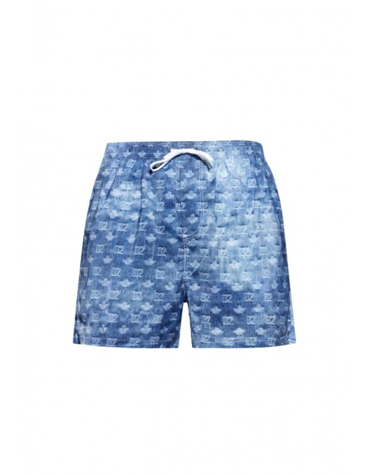 Short DSQUARED2, Blue Monogram Print Denim-Effect Swim Shorts - D7B626810454