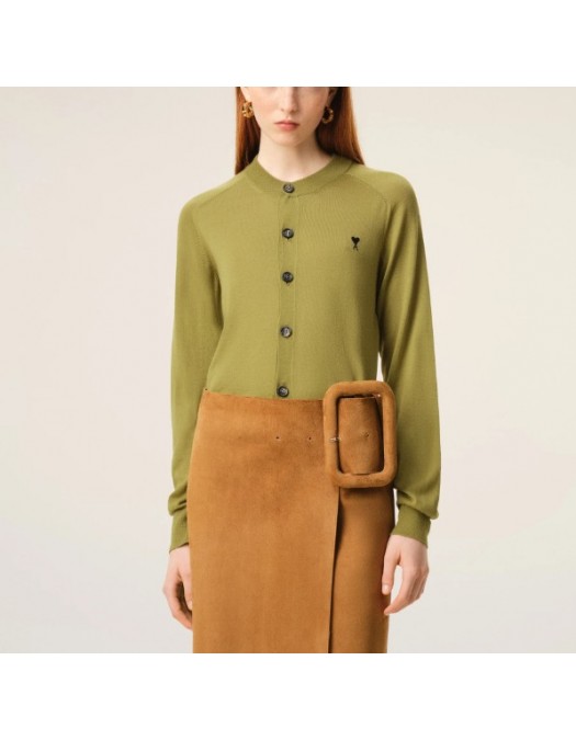 Cardigan AMI PARIS, Green Wool Crewneck Ami De Coeur Cardigan - FKC386KN0039A091