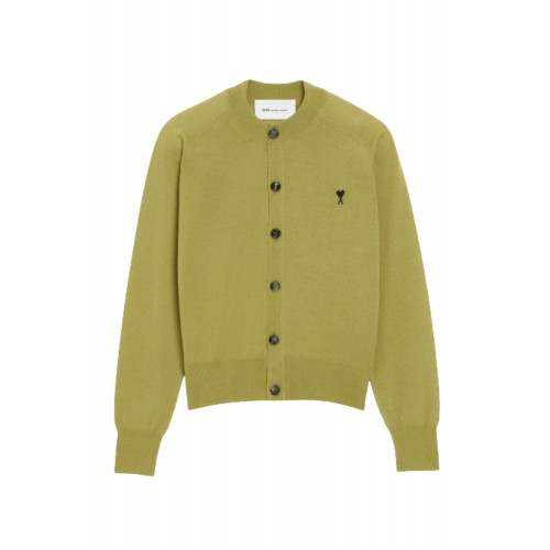 Cardigan AMI PARIS, Green Wool Crewneck Ami De Coeur Cardigan