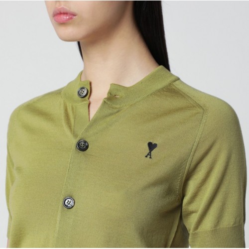 Cardigan AMI PARIS, Green Wool Crewneck Ami De Coeur Cardigan