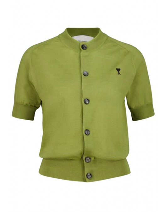 Cardigan AMI PARIS, Matcha Green Short-Sleeve Merino Wool Cardigan - FKC387KN0039A091