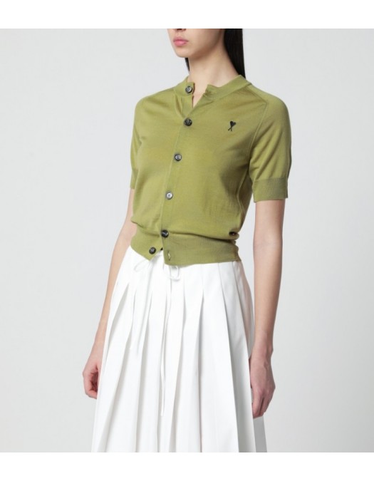 Cardigan AMI PARIS, Matcha Green Short-Sleeve Merino Wool Cardigan - FKC387KN0039A091
