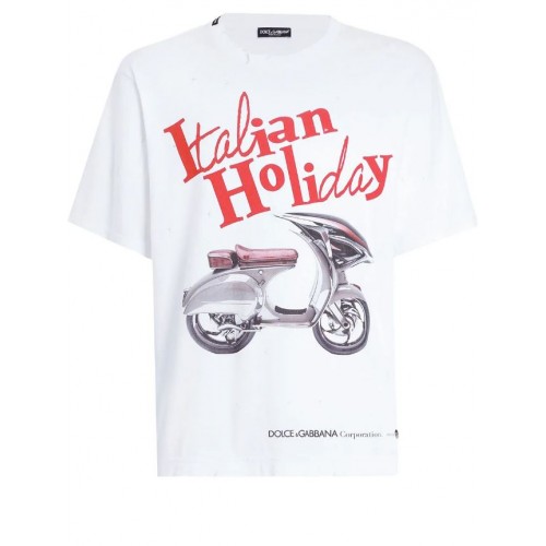 TRICOU DOLCE & GABBANA, Italian Holiday Print, Alb, Slim Fit