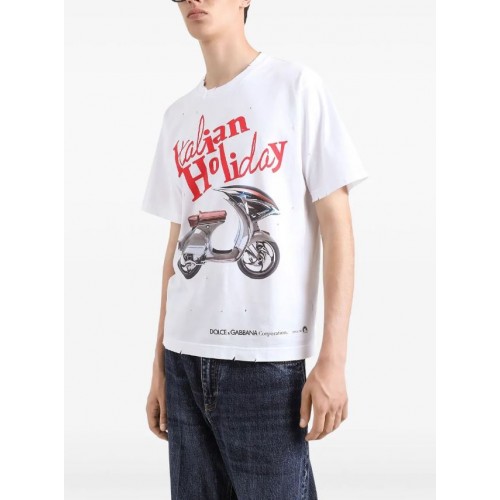 TRICOU DOLCE & GABBANA, Italian Holiday Print, Alb, Slim Fit