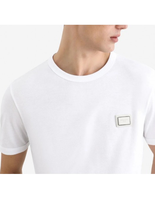 Tricou DOLCE & GABBANA,  Logo New Plate Cotton T-Shirt,White - G8PV1TG7Q1QW0800