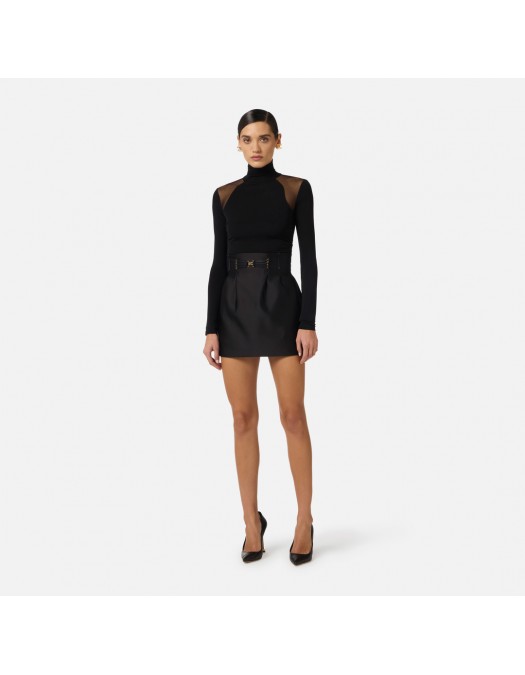 Fusta ELISABETTA FRANCHI, Mini skirt in duchesse with elastic bands, Negru - GO18962E2110