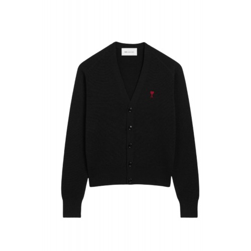 Cardigan AMI PARIS, Black Wool Cardigan With Contrasted Ami De Coeur