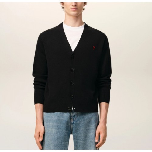 Cardigan AMI PARIS, Black Wool Cardigan With Contrasted Ami De Coeur