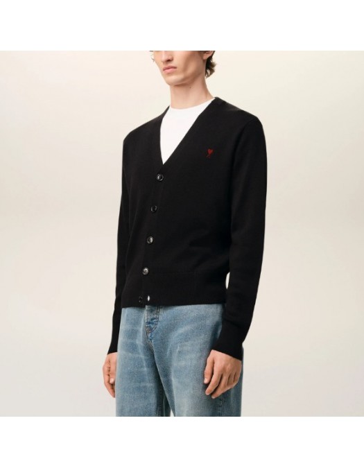 Cardigan AMI PARIS, Black Wool Cardigan With Contrasted Ami De Coeur - HKC361001009