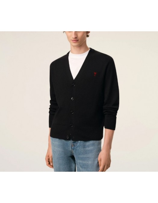Cardigan AMI PARIS, Black Wool Cardigan With Contrasted Ami De Coeur - HKC361001009
