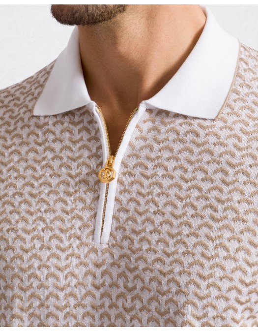 STEFANO RICCI, Cotton and silk knit zip-up polo shirt, Bej/Alb - K212037P31F261933100
