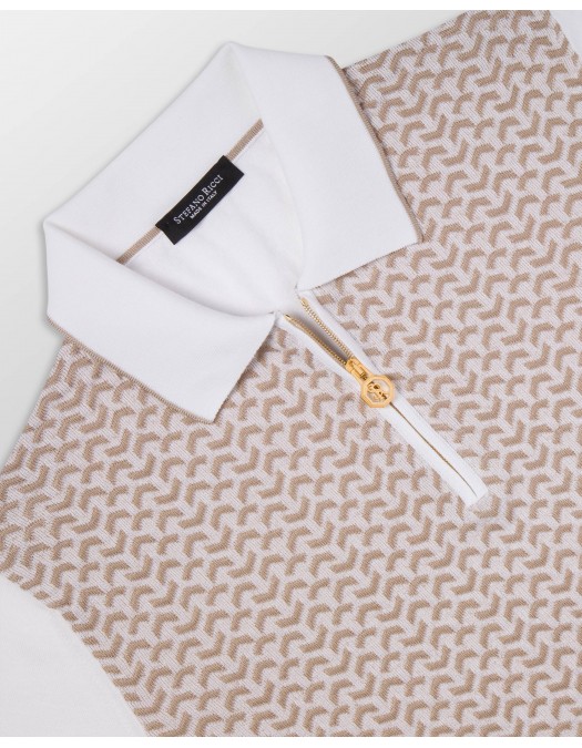 STEFANO RICCI, Cotton and silk knit zip-up polo shirt, Bej/Alb - K212037P31F261933100