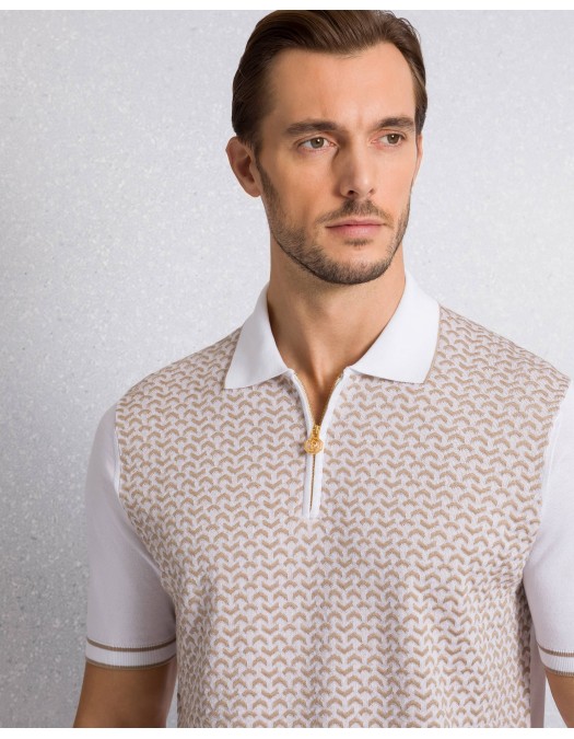 STEFANO RICCI, Cotton and silk knit zip-up polo shirt, Bej/Alb - K212037P31F261933100