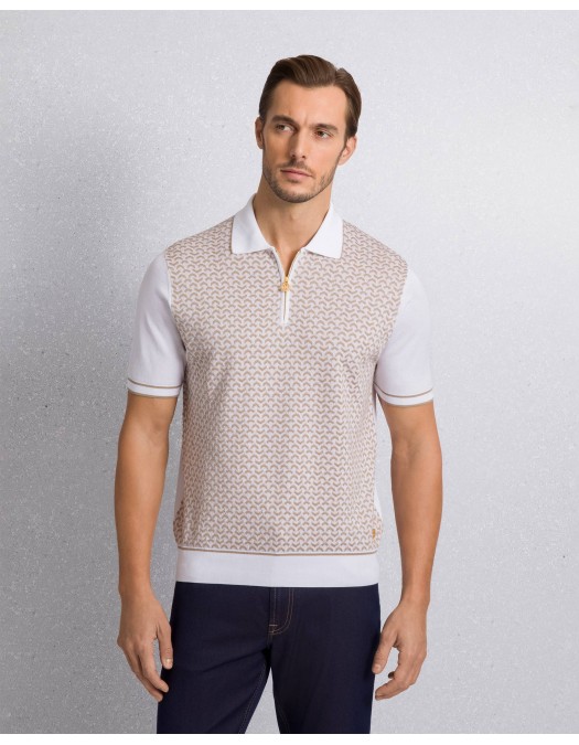 STEFANO RICCI, Cotton and silk knit zip-up polo shirt, Bej/Alb - K212037P31F261933100