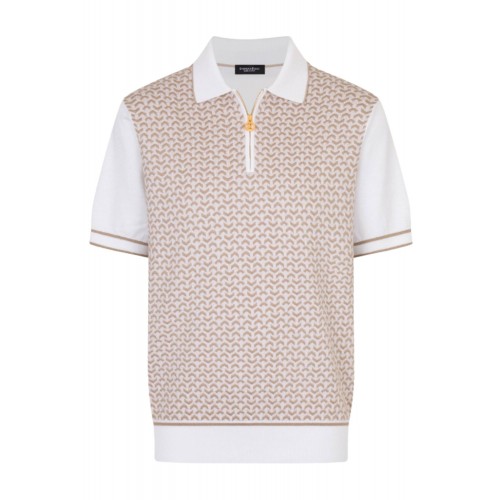 STEFANO RICCI, Cotton and silk knit zip-up polo shirt, Bej/Alb