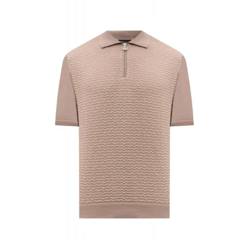 STEFANO RICCI, Cotton and silk knit zip-up polo shirt, Beige