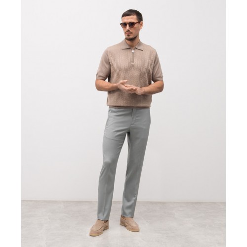 STEFANO RICCI, Cotton and silk knit zip-up polo shirt, Beige