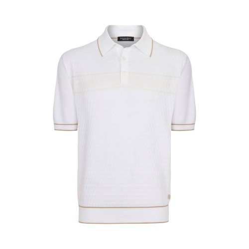 Tricou STEFANO RICCI, Polo, Three Button, Monogram, Silk, White Tricou STEFANO RICCI, Polo, Three Button, Monogram, Silk, White
