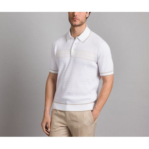 Tricou STEFANO RICCI, Polo, Three Button, Monogram, Silk, White Tricou STEFANO RICCI, Polo, Three Button, Monogram, Silk, White