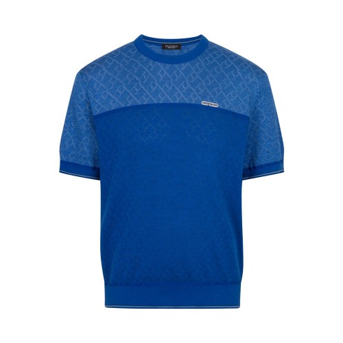 Tricou STEFANO RICCI, Knit Crewneck Sweater, Logo Insert, Silk, Ocean Blue Tricou STEFANO RICCI, Knit Crewneck Sweater, Logo Insert, Silk, Ocean Blue