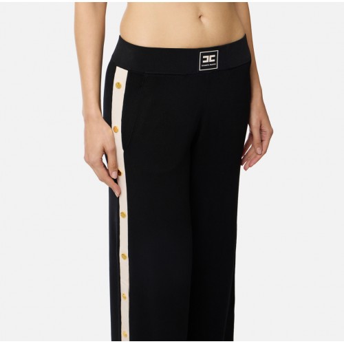 Pantaloni ELISABETTA FRANCHI, Knit fabric trousers with shiny viscose bands, Negru