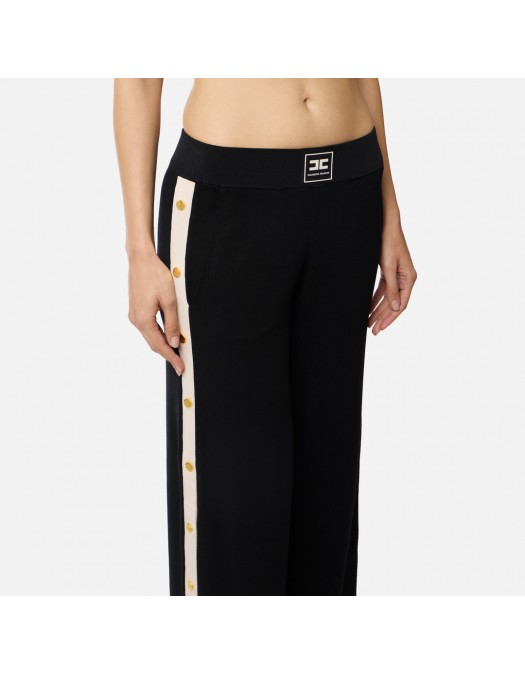 Pantaloni ELISABETTA FRANCHI, Knit fabric trousers with shiny viscose bands, Negru - KP74S61E2685
