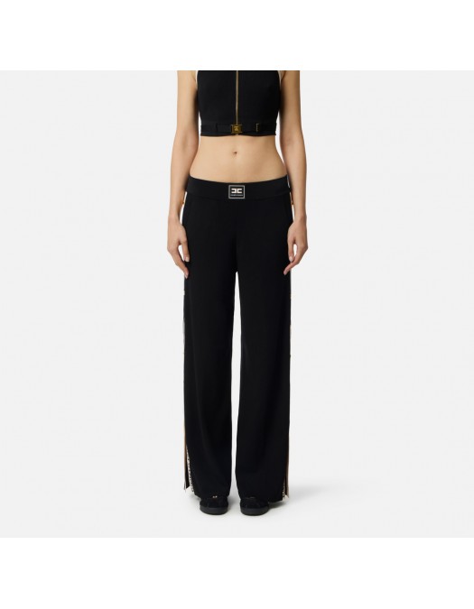 Pantaloni ELISABETTA FRANCHI, Knit fabric trousers with shiny viscose bands, Negru - KP74S61E2685