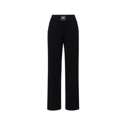 Pantaloni ELISABETTA FRANCHI, Knit fabric trousers with shiny viscose bands, Negru