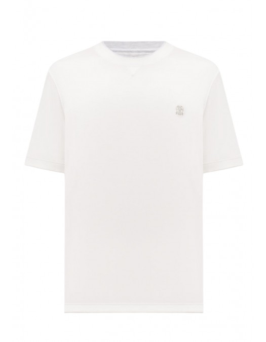 Tricou BRUNELLO CUCINELLI, White T-shirt with embroidered emblem - M0B137451GCGY23